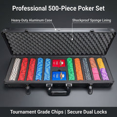 500pc Professional Ceramic Poker Chip Set - Black Metal Case