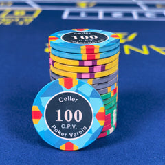 Club Style Ceramic Poker Chips - Faceted Edge 5 Denomination