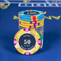 Club Style Ceramic Poker Chips - Faceted Edge 5 Denomination