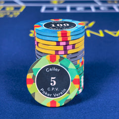 Club Style Ceramic Poker Chips - Faceted Edge 5 Denomination
