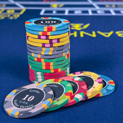 Club Style Ceramic Poker Chips - Faceted Edge 5 Denomination