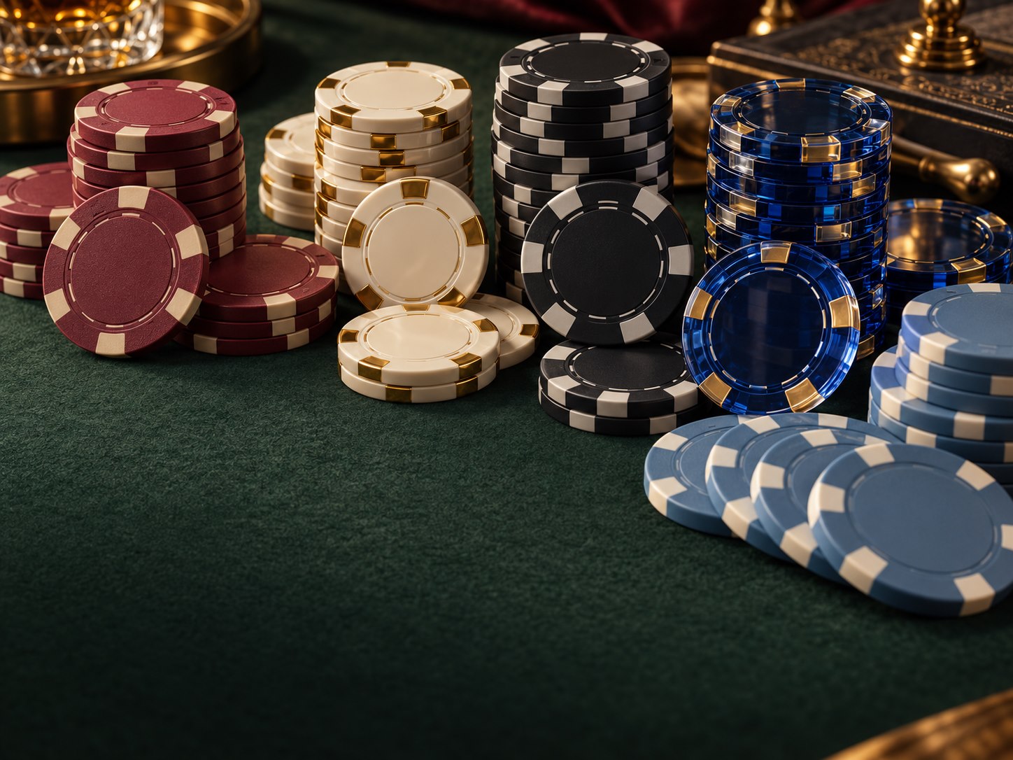 Poker chip materials in burgundy, ivory, charcoal, green and blue