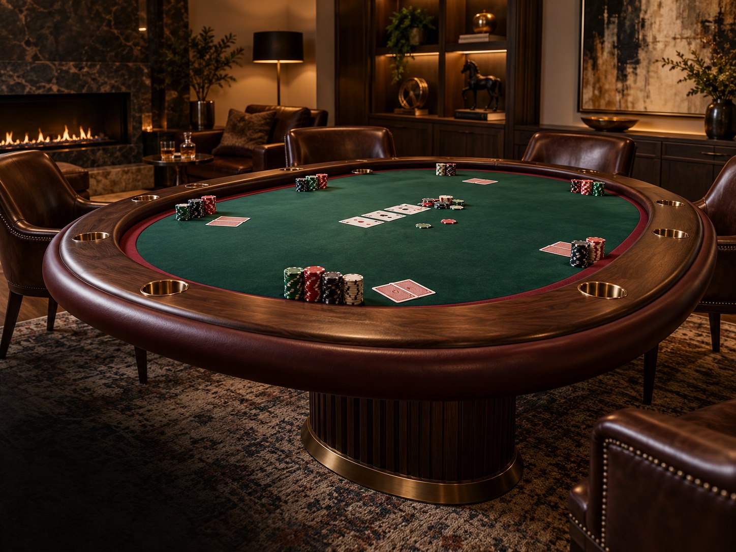 A crafted oval poker table in a private game room