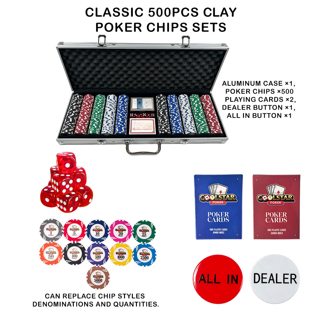 Coolstar Silver 500PCS Clay Poker Chip Set Aluminum Case 10 Trays 50 Each 1-1000 Values Cards Dice Buttons Tournament Play