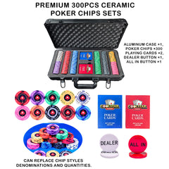 300PCS Ceramic Poker Chip Set - Aluminum Case Complete Casino Kit