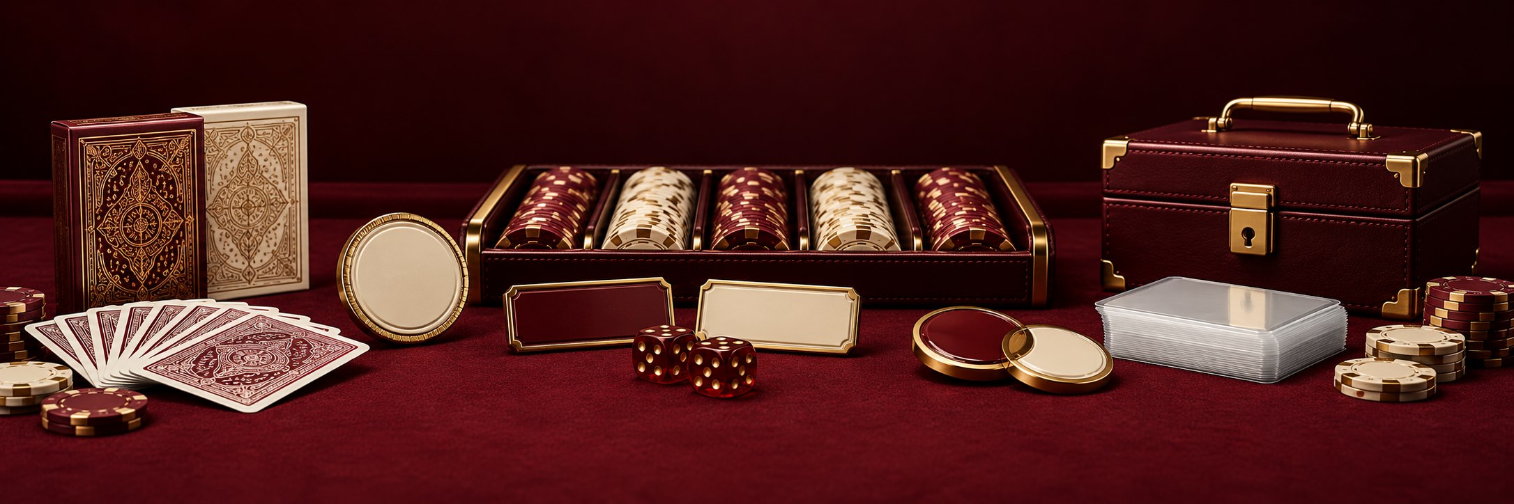 Playing cards, dealer buttons, dice, plaques and poker accessories