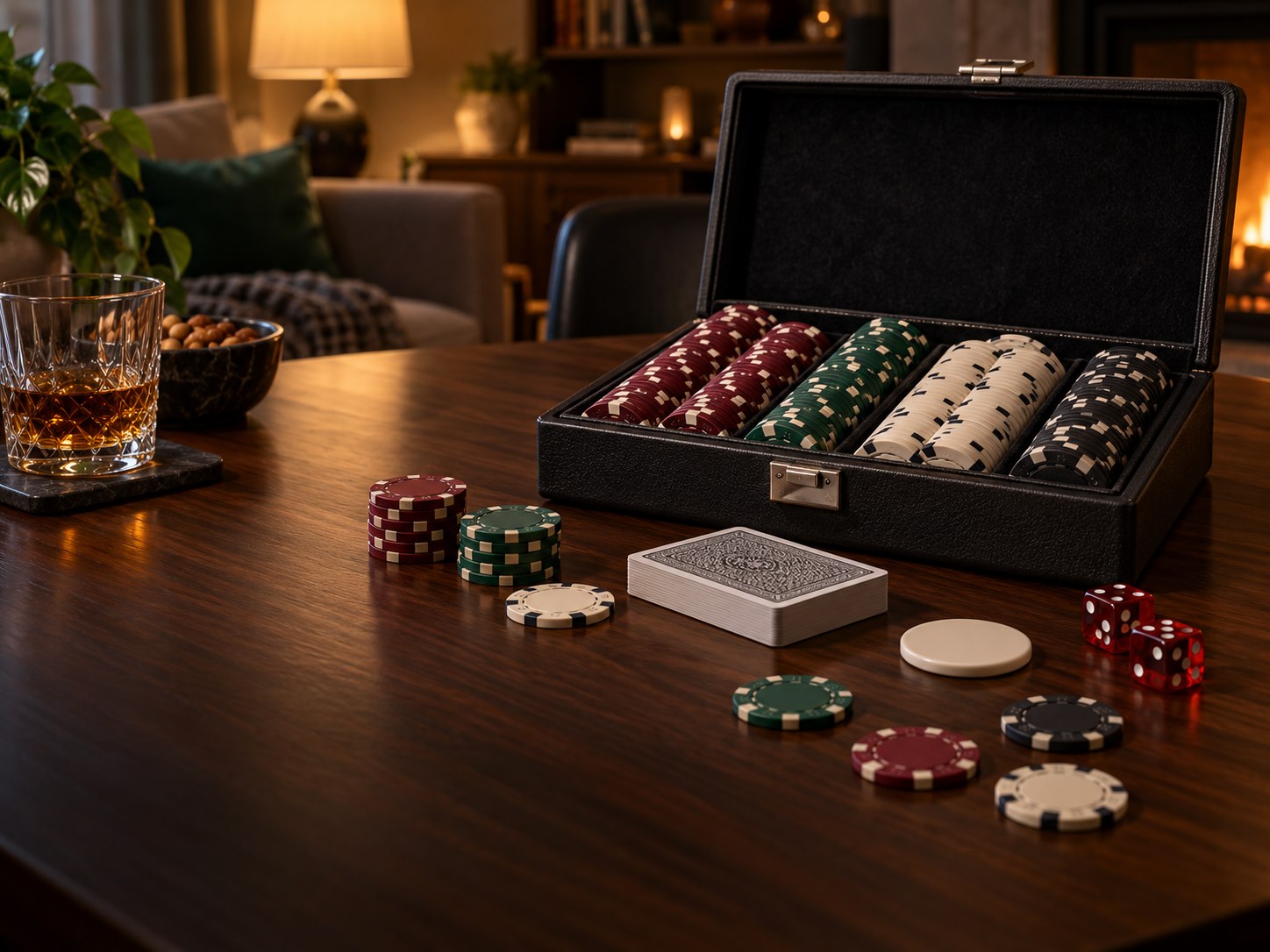 A complete poker set arranged for a home game