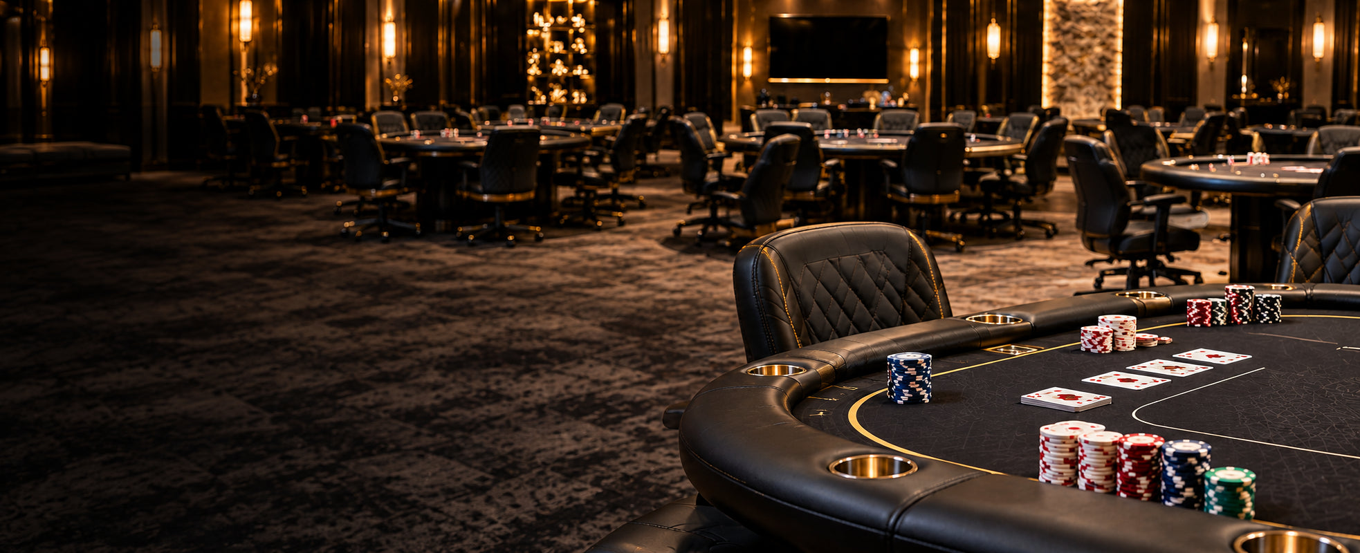 Concept visualization of a professional poker room with tables and upholstered chairs